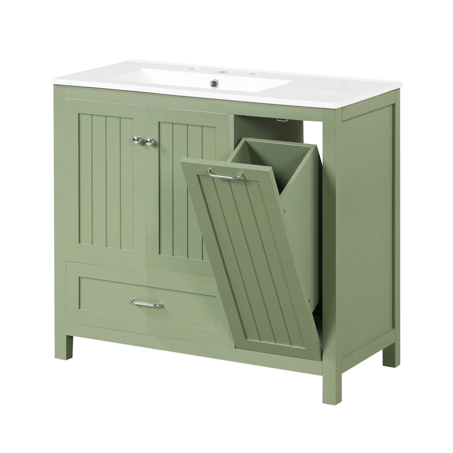 36 inch bathroom vanity with sink, one double door cabinet one large drawer and one flip drawer solid wood and MDF board, green by eprolo