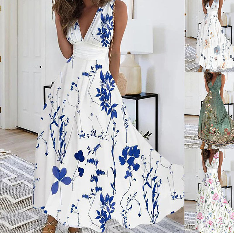 Nouvelle robe d'été sans manches à col en V, taille haute imprimée pour femmes