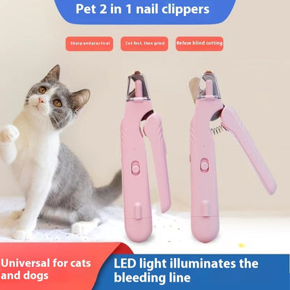 Cortaúñas 2 en 1 para mascotas con luz LED, tijeras especiales para perros y gatos, multifunción, para patas de animales, suministros para mascotas.