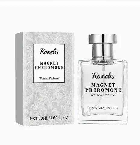 Roxelis Magnet Pheromone Women Perfume bottle and box, clear glass with silver cap (2-piece set)