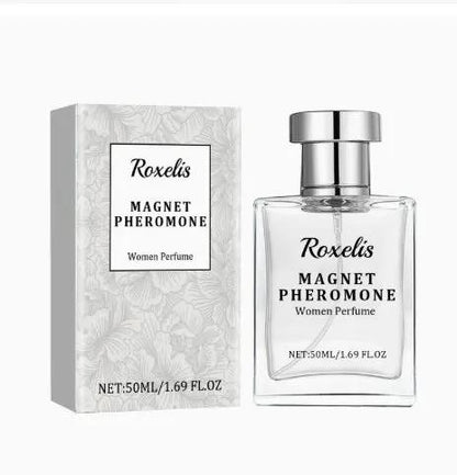 Roxelis Magnet Pheromone Women Perfume bottle and box, clear glass with silver cap (2-piece set)