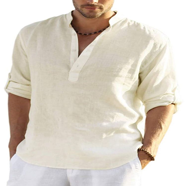 Camisa de manga larga de algodón y lino para hombre, color sólido, cuello levantado, holgada