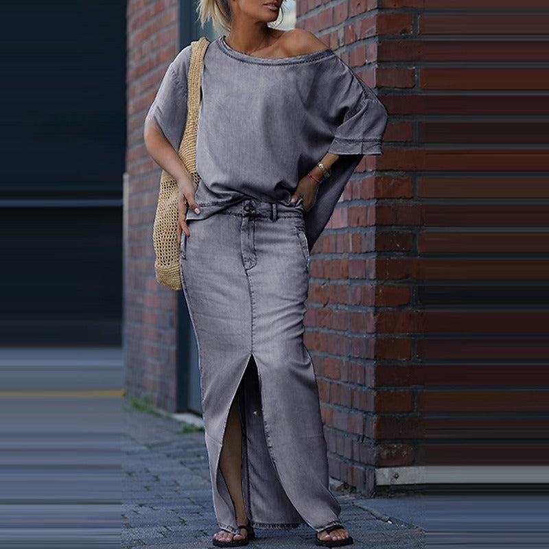 Ensemble jupe deux pièces tendance : haut ample à manches chauve-souris et manches courtes, jupe longue fendue cintrée, patchwork chic. Vêtements pour femmes