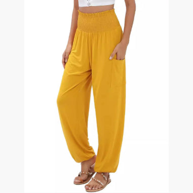Pantalones casuales de talle alto y pierna ancha con cintura elástica