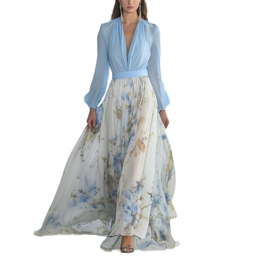 Printed Long Sleeved V-neck Patchwork Dress