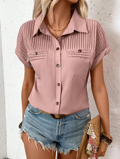 Haut chemise T-shirt à manches courtes, revers plissé aux épaules, avec poche, pour femme