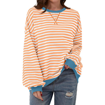 T-shirt ample à manches longues rayé, pull décontracté pour vêtements pour femmes