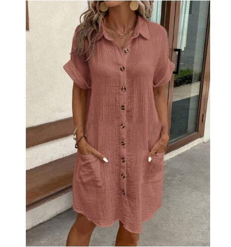 Robe chemise en coton et lin à col en V boutonnée pour femme, simplicité estivale