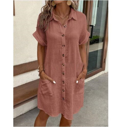 Robe chemise en coton et lin à col en V boutonnée pour femme, simplicité estivale