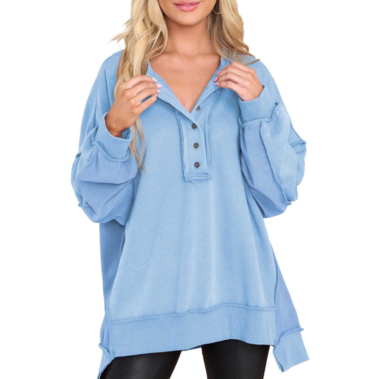 Nueva blusa de color liso con cuello redondo para mujer