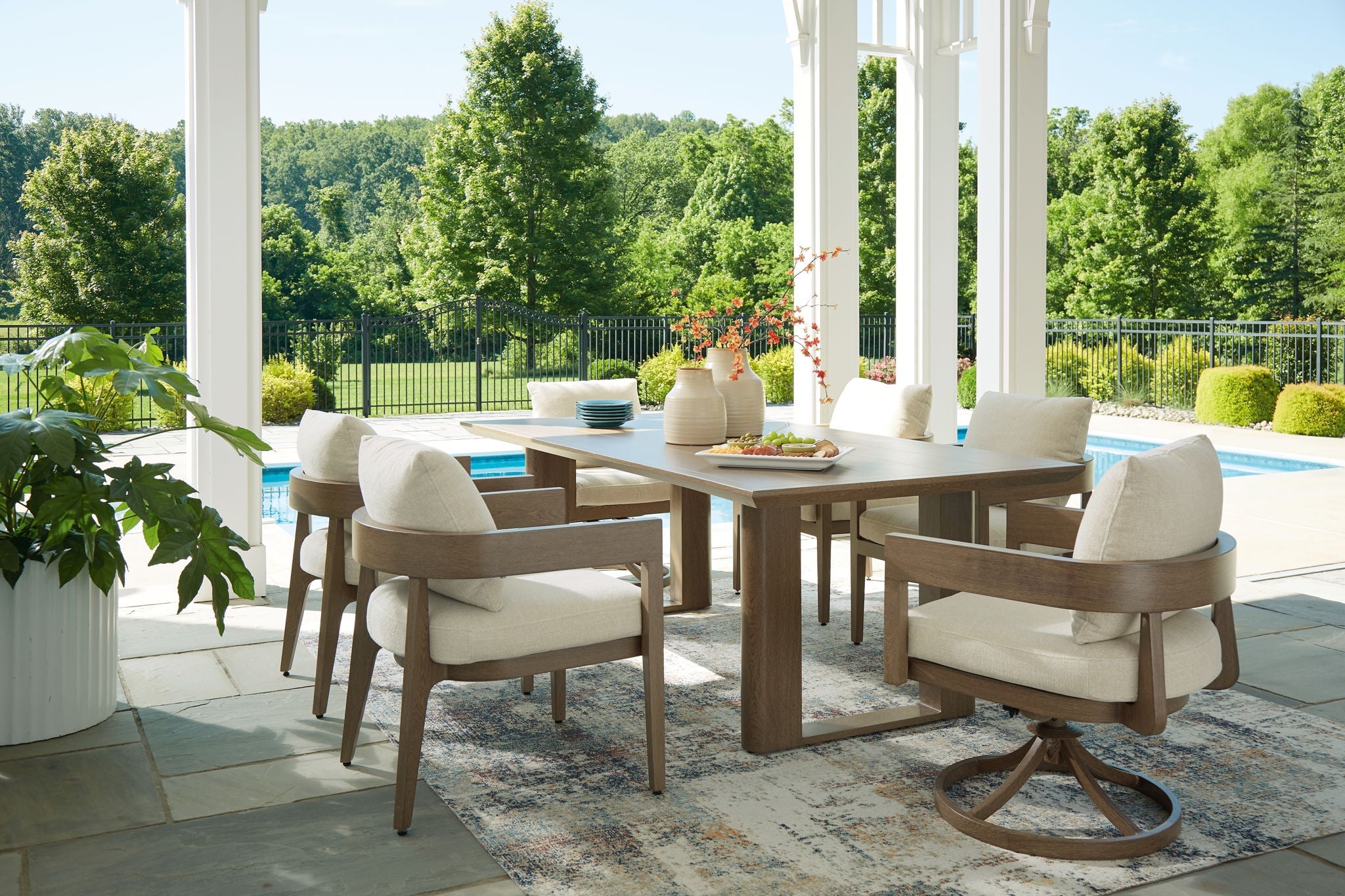 Dark Brown 7-Piece Outdoor Dining Set with Rectangular Table and Arm Chairs-0