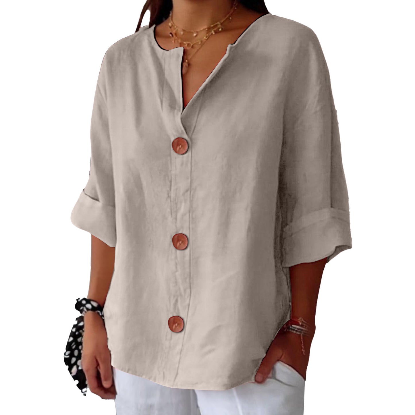 Chemisier boutonné femme en coton et lin col en V