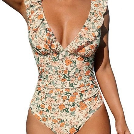 Maillot de bain une pièce pour femme, col en V, à volants, à lacets, multicolore