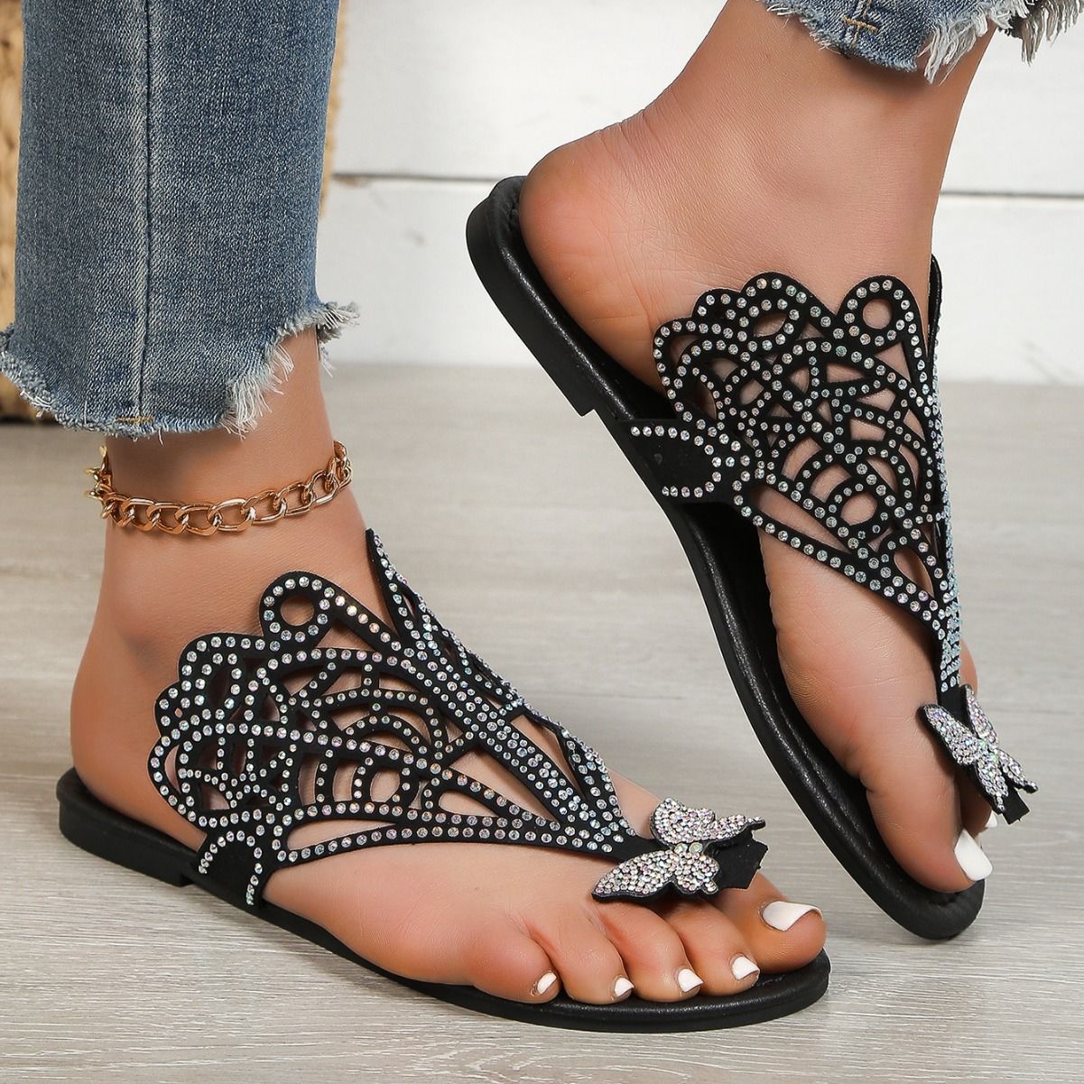 Mules plates à strass ajourées pour femmes