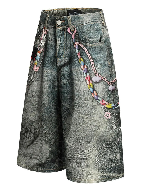 Men's wide-leg denim shorts with colorful chain detail, blue-washed cotton-spandex, relaxed fit