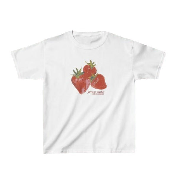 T-shirt décontracté à manches courtes, col rond et imprimé fraise