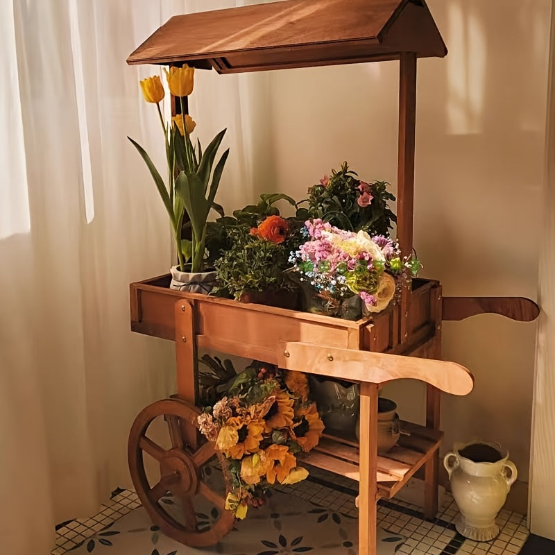 Two-Tier Wooden Plant Trolley Stand with Wheels
