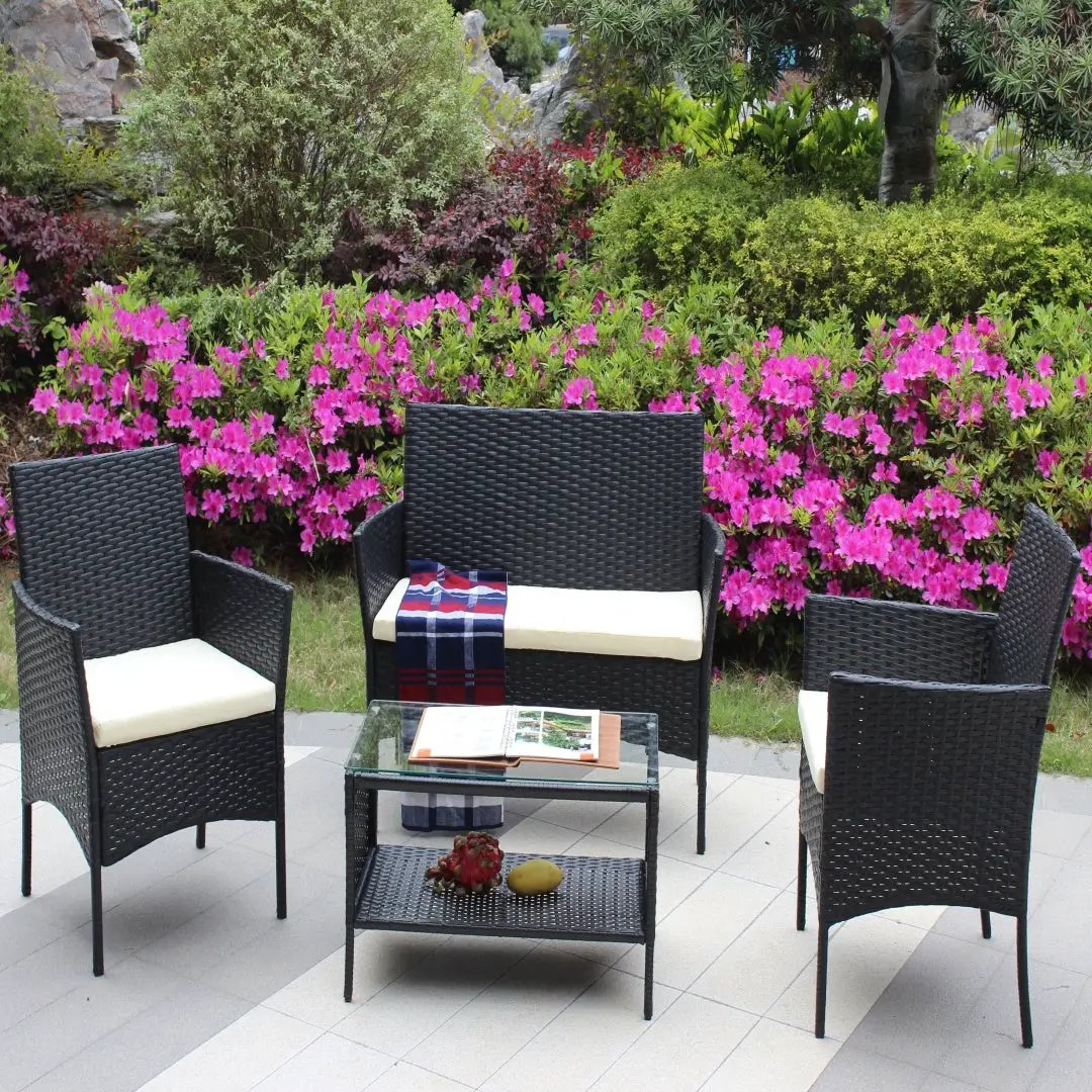 4 PC Rattan Patio Furniture Set AdTec - black wicker, cream cushions; loveseat, 2 chairs, glass-top table