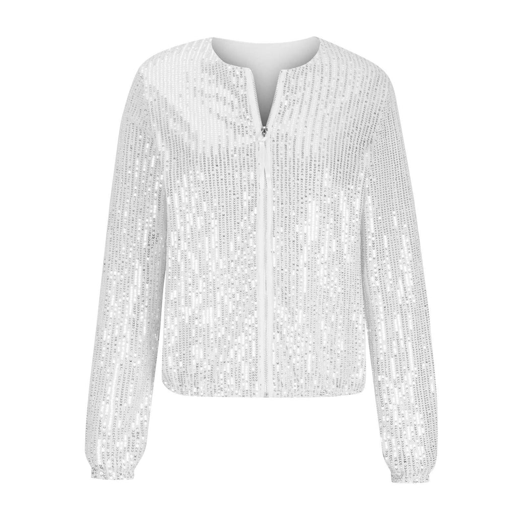 Veste Courte Zippée à Paillettes Décontractée et Tendance