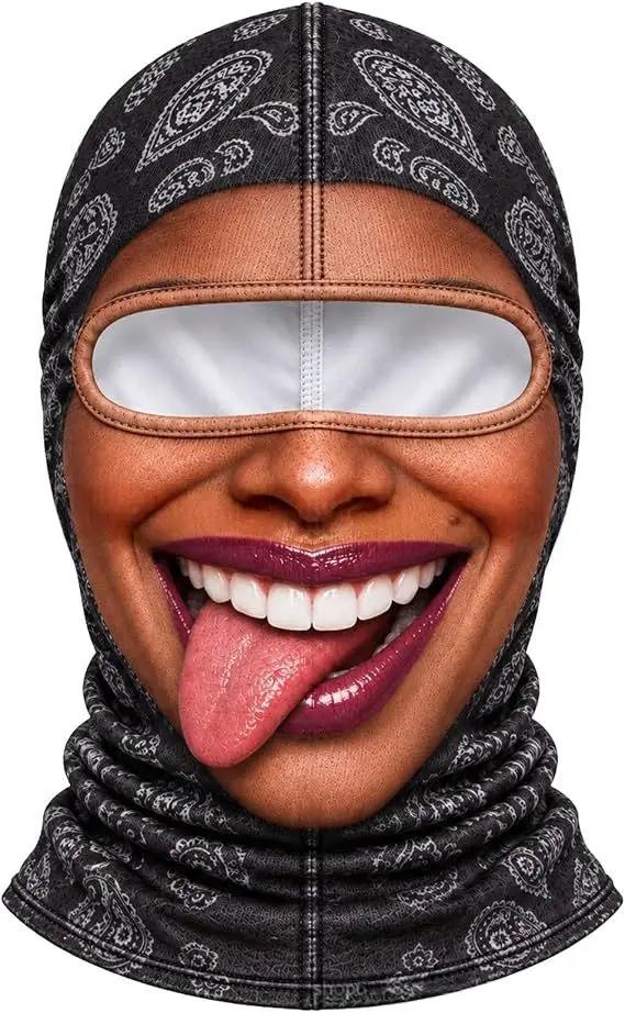 AdTec balaclava ski mask with black paisley pattern, brown trim, and eye window