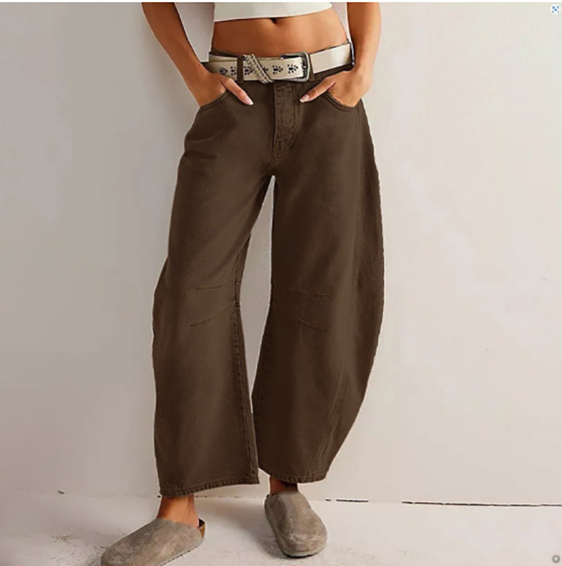 Vaqueros elásticos de tiro medio con forma de barril, pierna ancha a la moda, vaqueros casuales holgados de cintura media para mujer