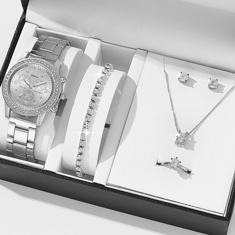 Reloj de cuarzo de tres ojos para mujer con incrustaciones de diamantes