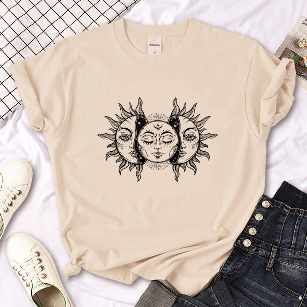 Camiseta de sol gótico de triple luna de bruja para mujer Y2K Des