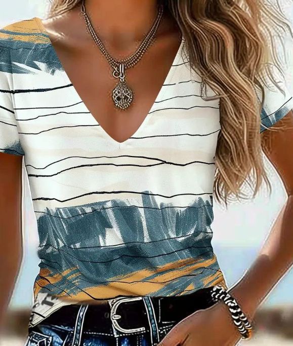 Camiseta Informal de Mujer Manga Corta con Rayas y Cuello en V