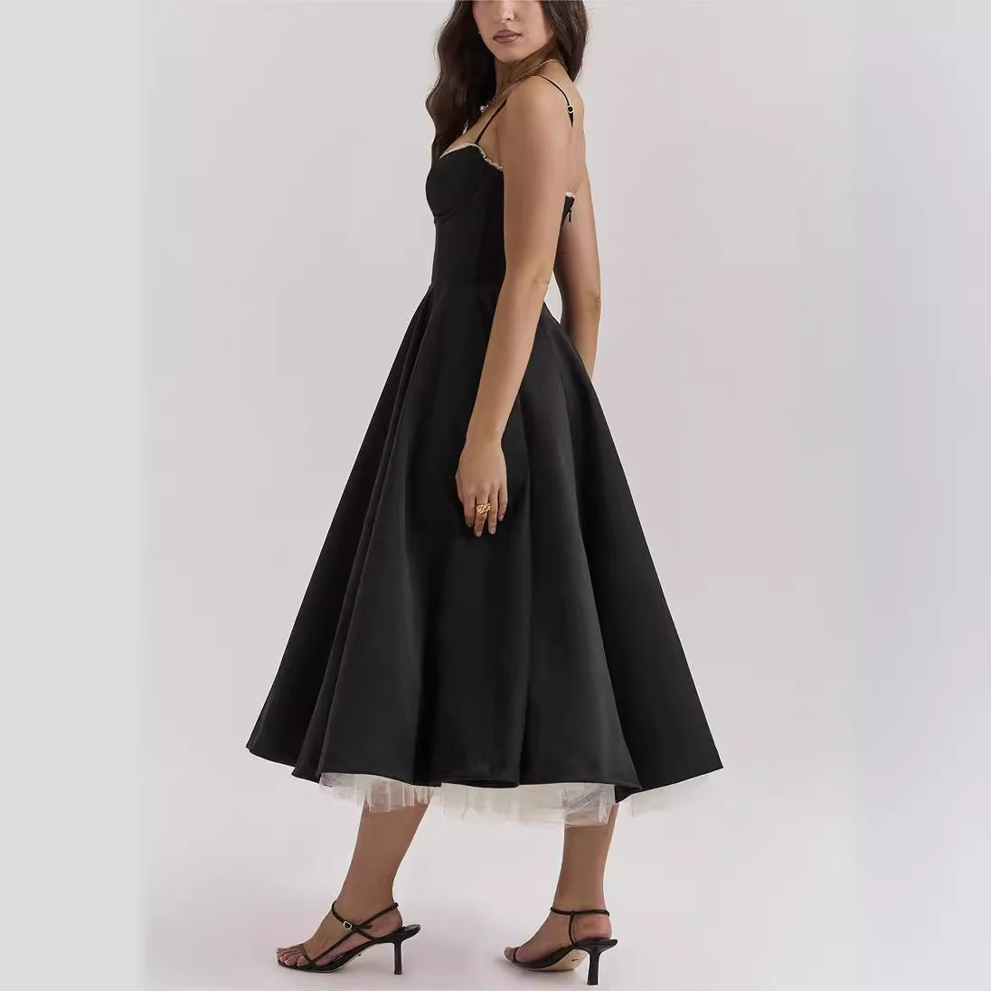 Vestido largo abullonado sin mangas con cuello en V para mujer