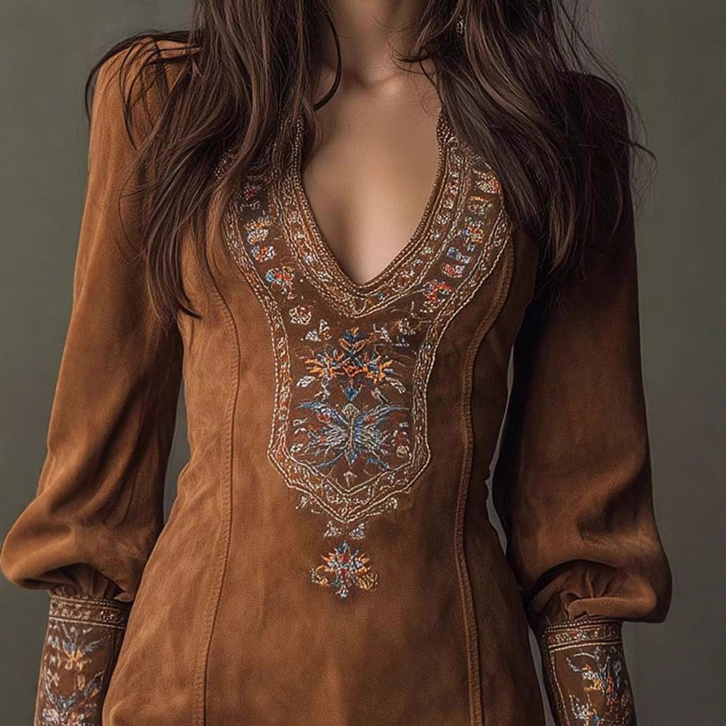 Vestido sexy bordado de manga larga y escote en V para mujer europea y americana