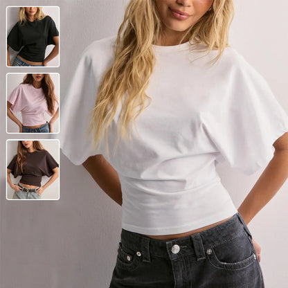 Camiseta de manga murciélago de verano con cuello redondo a la moda, top de manga corta tipo jersey para ropa de mujer