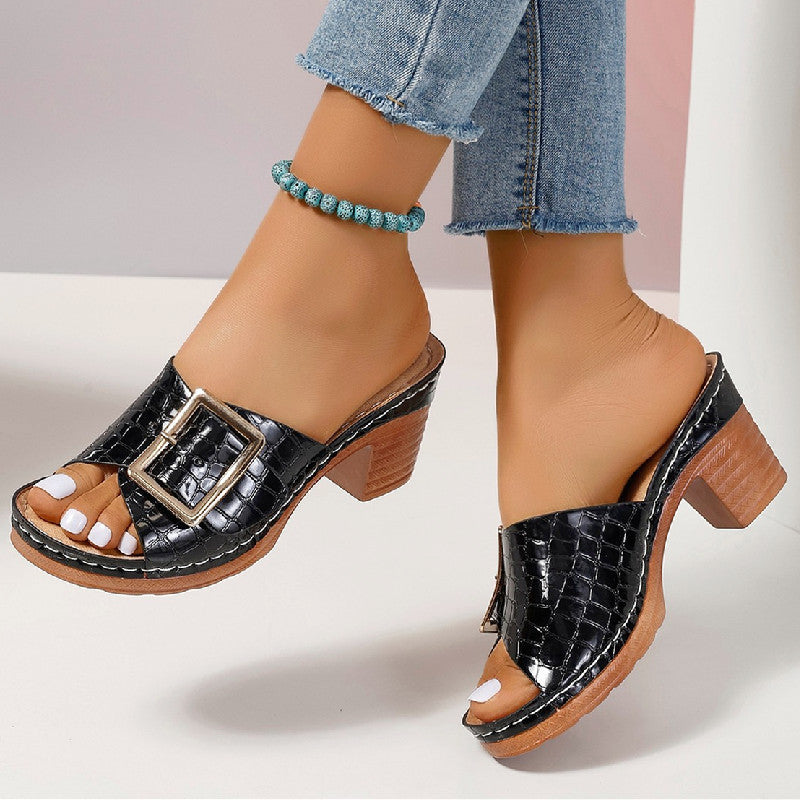Chaussures Femme Sandales à Boucle Talon Carré Bout Ouvert, Aspect Crocodile
