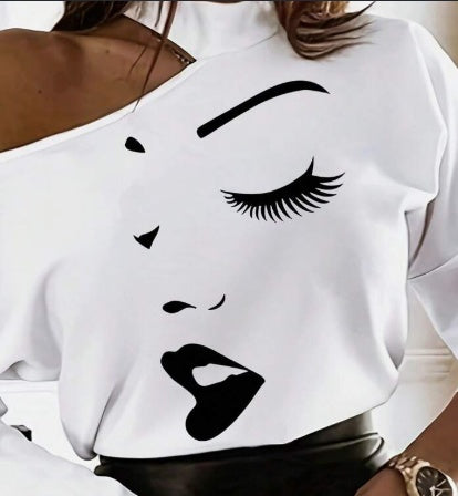Women's White Long Sleeve T-Shirt With Cartoon Line Pattern & Open Shoulder Design Graphic Tees Women Tops For Spring Outfit