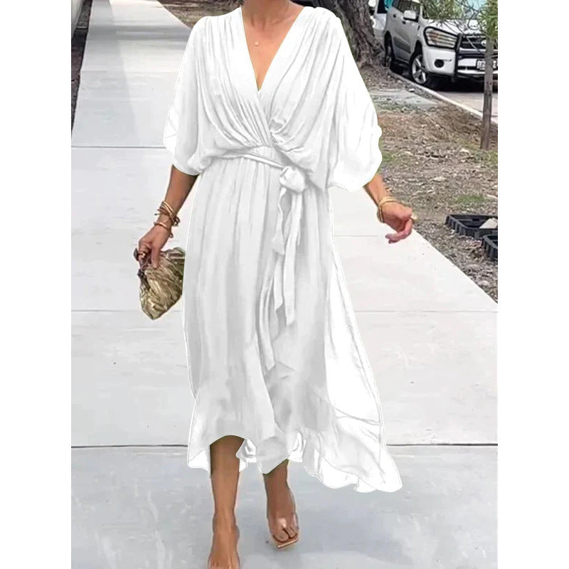 Vestido de verano con escote en V y manga murciélago de color liso con lazo irregular, vestidos largos para mujer