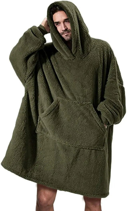 Hoodie fleece wearable blanket in olive green with oversized fit and large front pocket