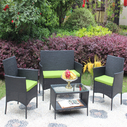 Juego de muebles de patio de ratán de 4 piezas con cojín, sofá de mimbre, cojín verde