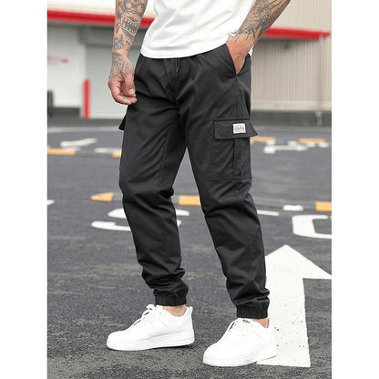 Pantalon cargo décontracté coupe droite multipoches avec cordon de serrage pour homme