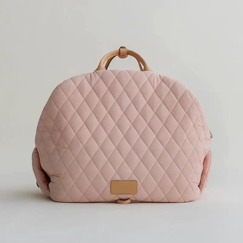 Pet handbag pink quilted fabric with diamond stitching, beige handles, AdTec brand patch