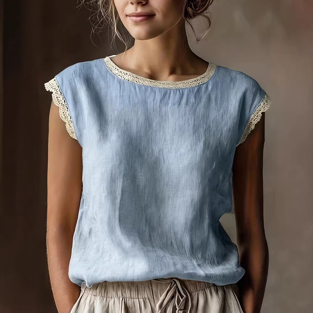 Loose Solid-Color Crew-Neck Lace Sleeveless Cotton-Linen Shirt