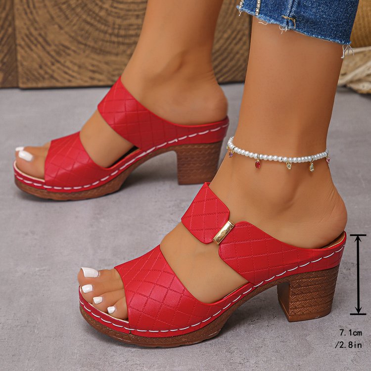 Sandales à talons épais Été Bout rond Carreaux Claquettes Chaussons Mode Talons hauts Chaussures pour femmes