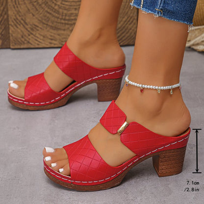 Sandales à talons épais Été Bout rond Carreaux Claquettes Chaussons Mode Talons hauts Chaussures pour femmes
