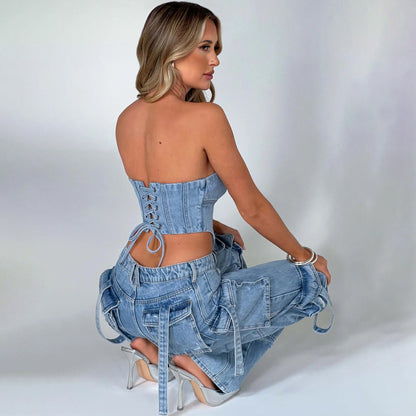 Ensemble femme taille basse, bustier tridimensionnel et jean à coutures avec poches
