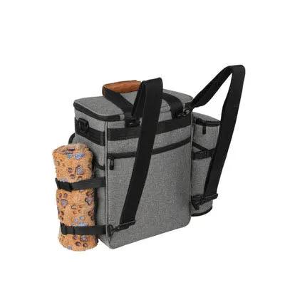 Dog food travel bag by AdTec, gray backpack with black straps and two side treat containers
