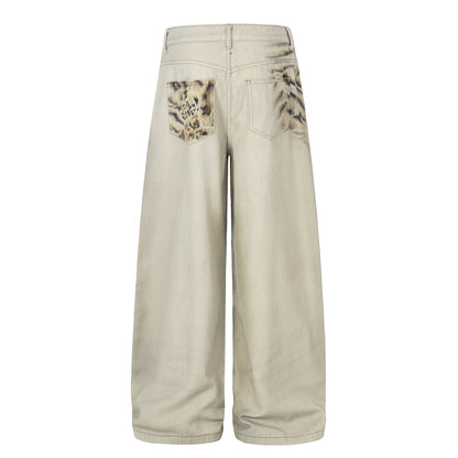 Pantalones Vaqueros Estampados Desgastados Unisex Holgados de Pierna Ancha de Estilo Urbano Moderno de Pierna Recta Hasta el Suelo