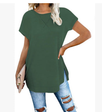 Women's solid color round neck drop shoulder top