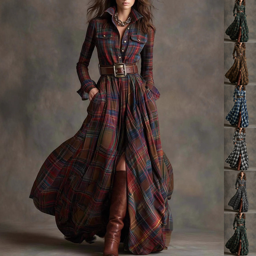 Vestido largo de manga larga con estampado a cuadros Ins, bolsillos de moda, cuello, botones, camisa, vestidos largos, ropa retro para mujer