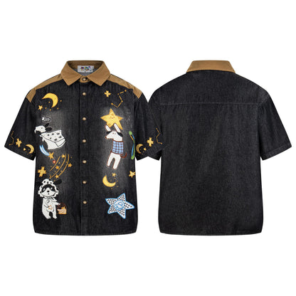 Dog embroidered denim short sleeved shirt