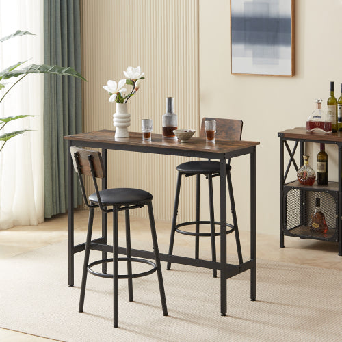 Juego de Mesa de Bar con 2 Taburetes de Bar Asiento Suave de PU con Respaldo, Marrón Rústico