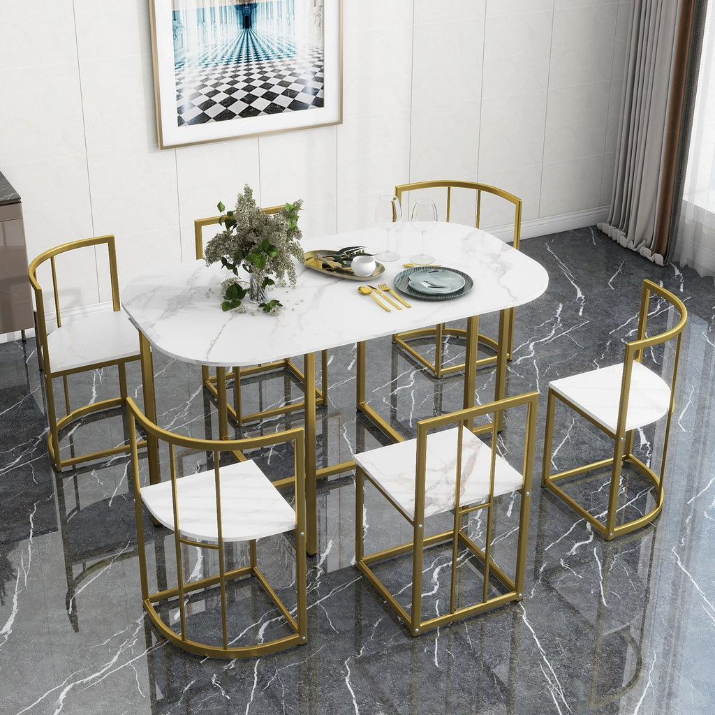 TOPMAX Modern 7-Piece Dining Table Set with Faux Marble Compact 55Inch Kitchen Table Set for 6 Golden+White by eprolo