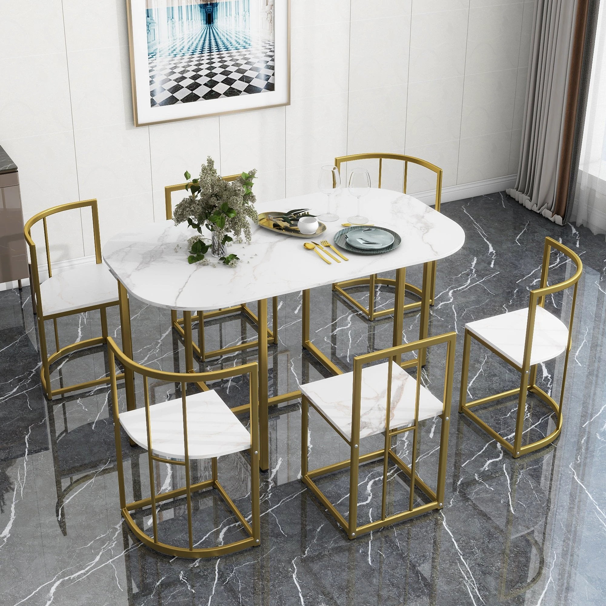 TOPMAX Modern 7-Piece Dining Table Set with Faux Marble Compact 55Inch Kitchen Table Set for 6 Golden+White by eprolo